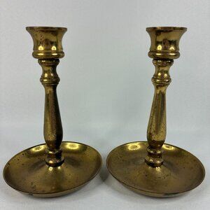 Pair of 2 Vintage Solid Brass Round Candlestick Holders with Patina